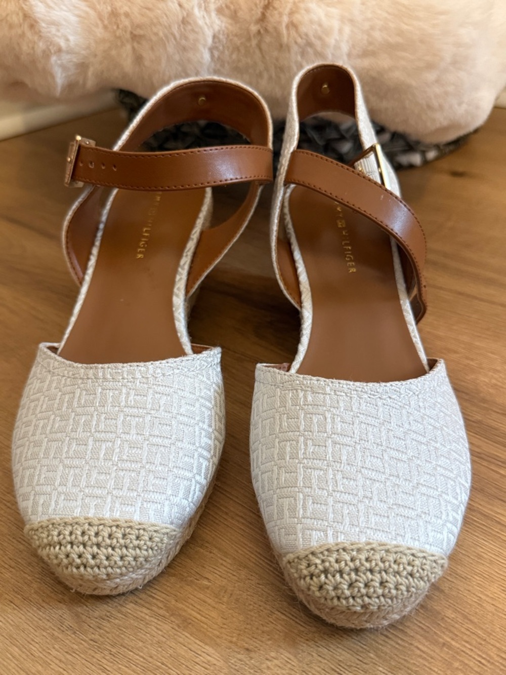 Tommy Hilfiger Cream Espadrille Wedge Sandals with Tan Straps and Gold Buckle